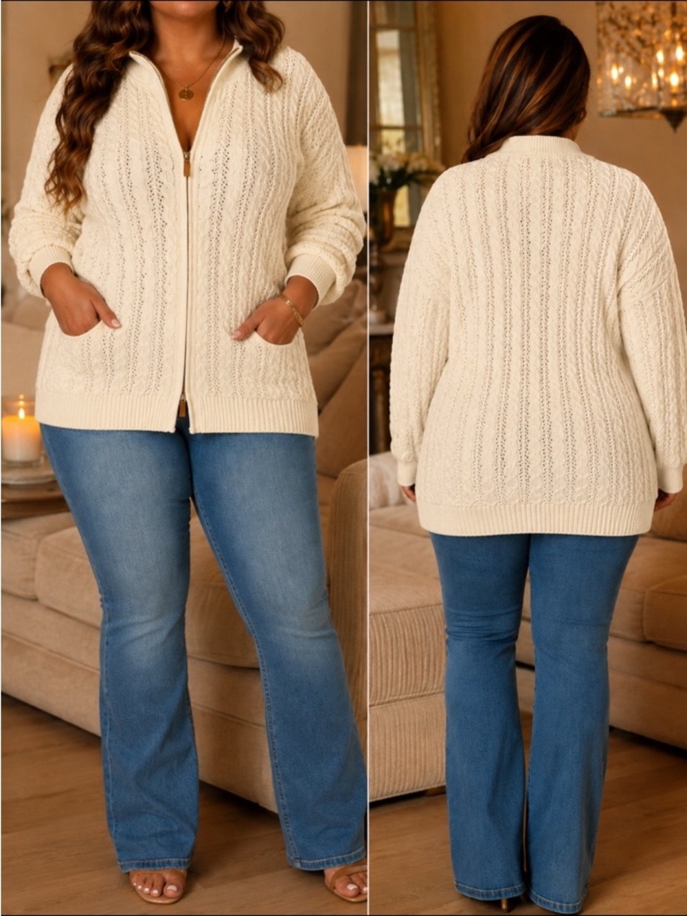 Claiborne Cream Cable Zip-Front Cardigan Sweater